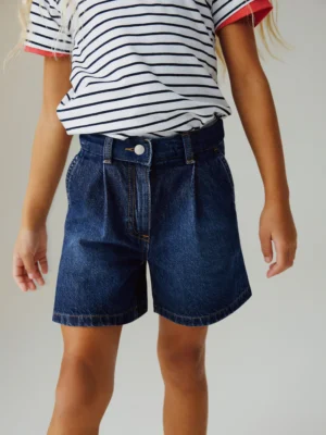 Dark Wash Relaxed Denim Pleated Shorts