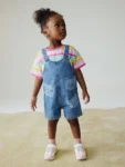 Mid Wash Denim Cat Printed Dungarees and T-Shirt Set