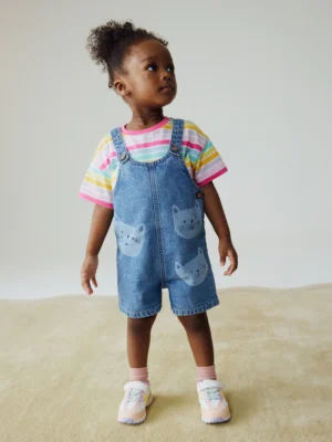 Mid Wash Denim Cat Printed Dungarees and T-Shirt Set