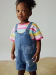 Mid Wash Denim Cat Printed Dungarees and T-Shirt Set