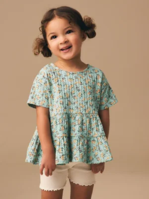 Blue Ditsy Floral Short Sleeve Blouse Shorts Set