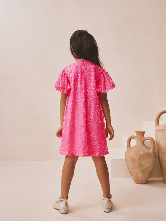 Bright Pink Angel Sleeve Sequin Party Dress