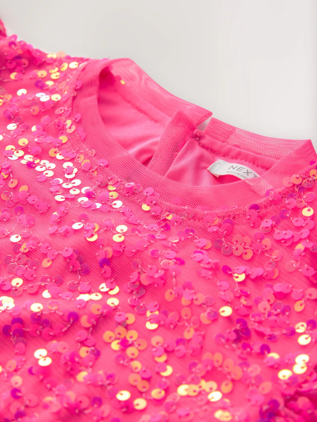 Bright Pink Angel Sleeve Sequin Party Dress