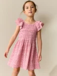 Pink Floral Smocked Frill Sleeve Dress
