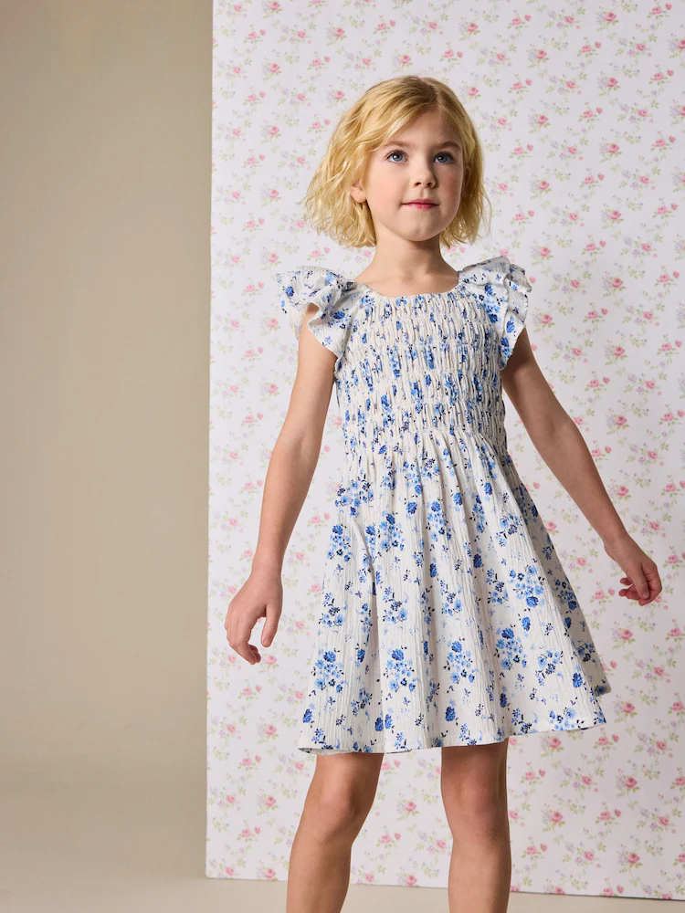 Blue Floral Smocked Frill Sleeve Dress
