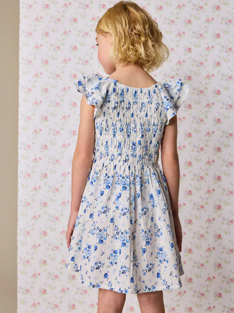 Blue Floral Smocked Frill Sleeve Dress