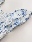 Blue Floral Smocked Frill Sleeve Dress