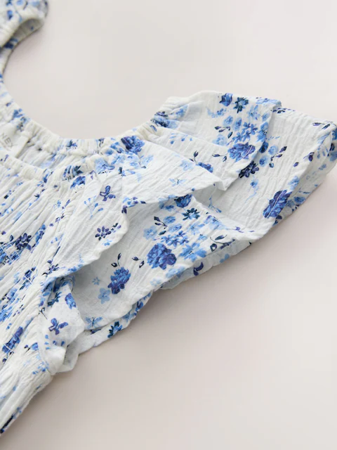 Blue Floral Smocked Frill Sleeve Dress