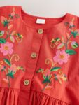 Red Embroidered Short Sleeve Button Through Dress
