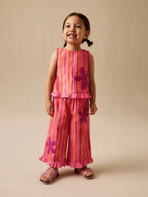 Pink/ Orange Stripe / Crochet Flowers Top & Trousers Set