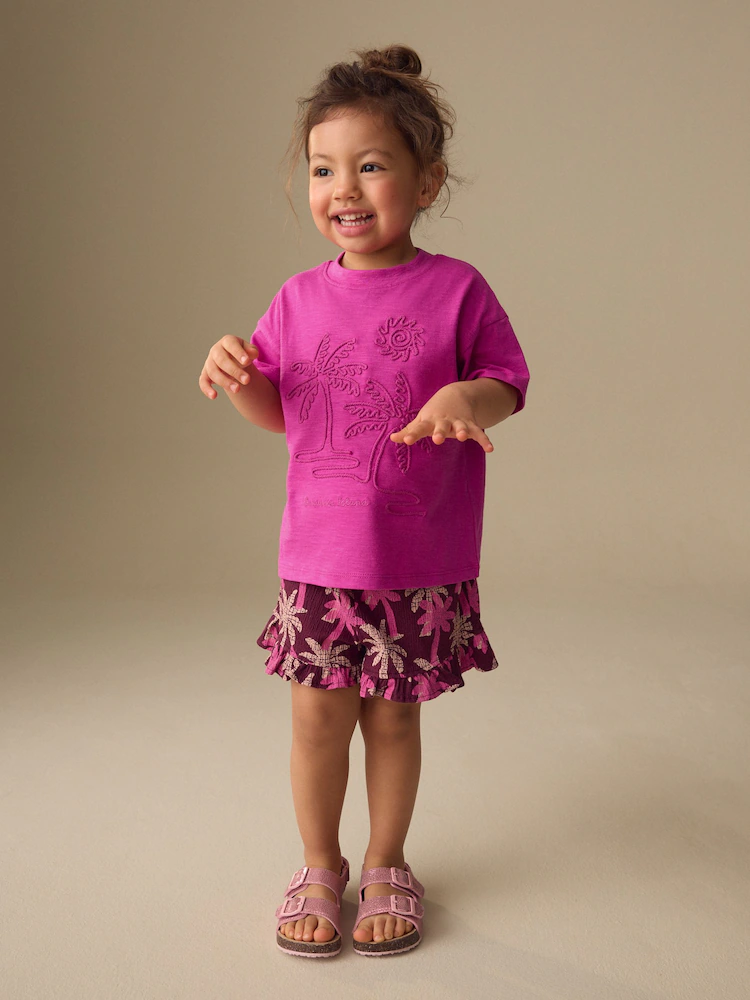 Pink/Purple Palm Tree Embroidery Short Sleeve Top