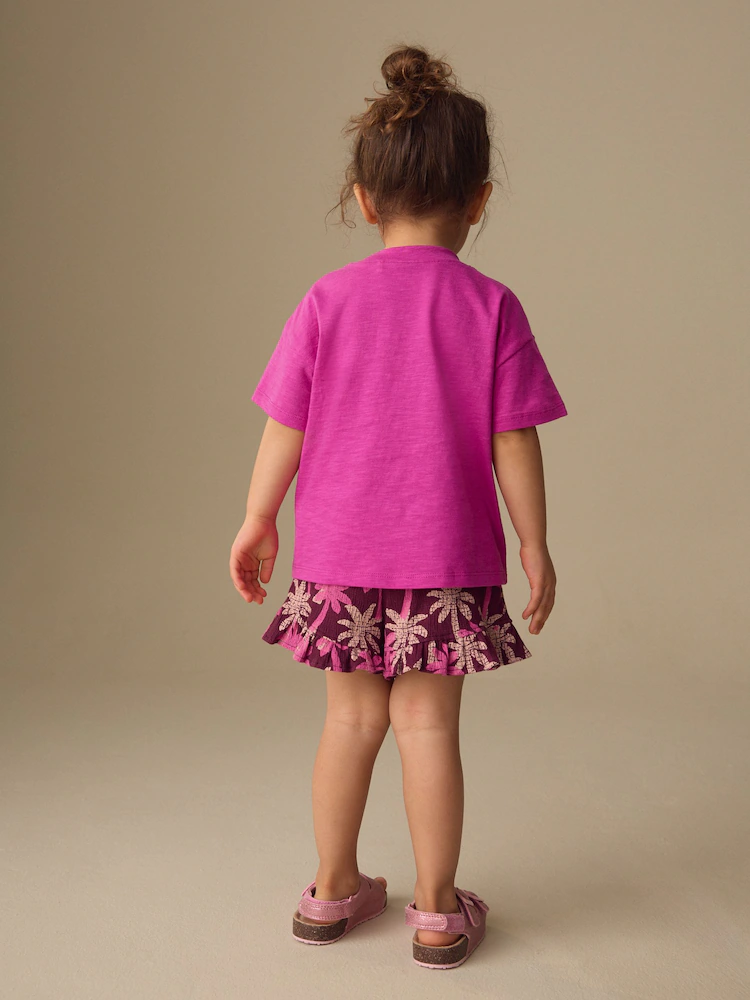Pink/Purple Palm Tree Embroidery Short Sleeve Top
