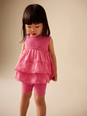 Pink Broderie Peplum Vest and Cycle Shorts Set