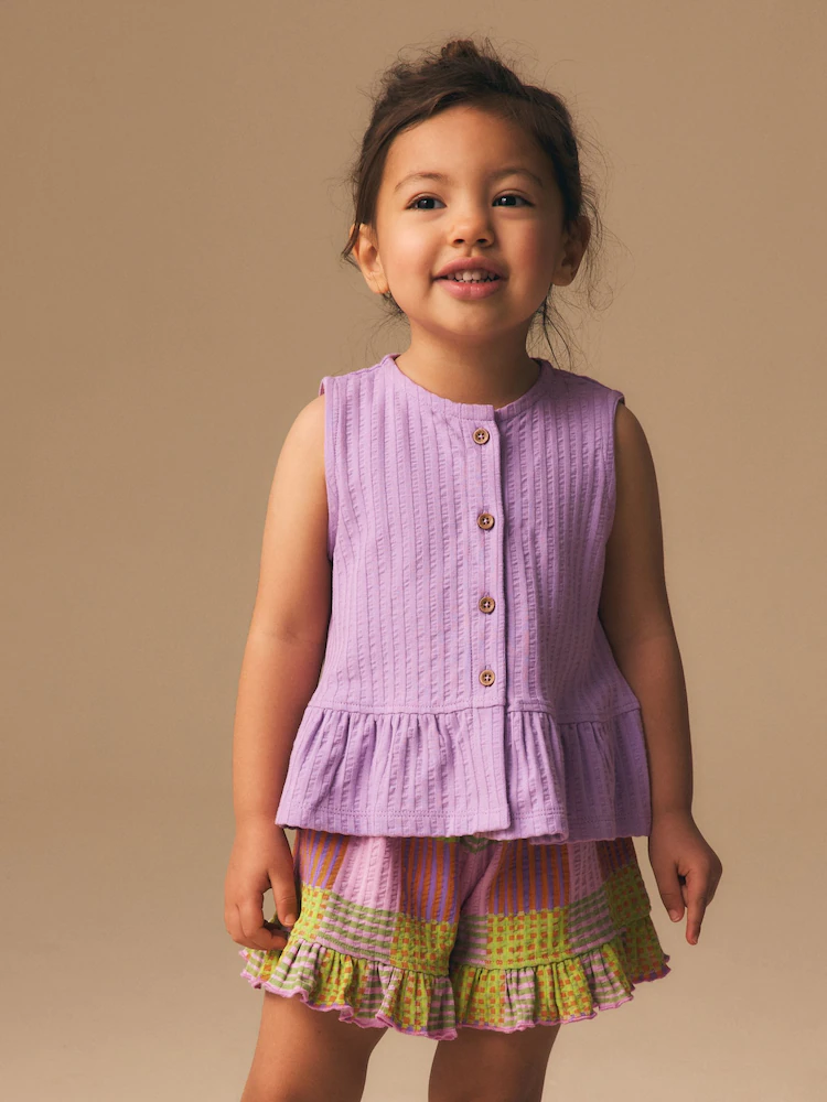 Lilac Purple Check Peplum Vest and Shorts Set