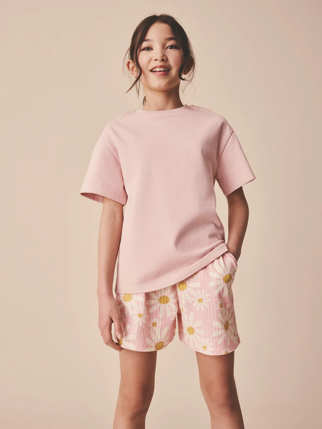 Pink Flower Textured Shorts