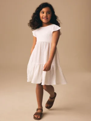 White Angel Sleeve Crinkle Dress