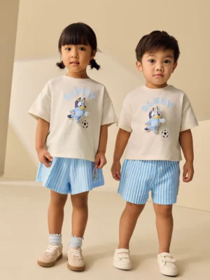 Ecru White Bluey Football Shorts Set