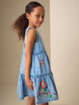 Blue Denim Embroidered Tiered Dress