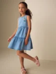 Blue Denim Embroidered Tiered Dress