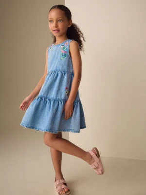Blue Denim Embroidered Tiered Dress