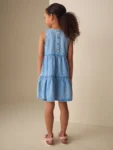 Blue Denim Embroidered Tiered Dress