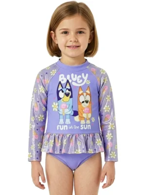 Character Purple Bluey And Bingo Long Sleeve Swimsuit With Frill Skirt