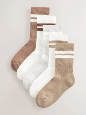 Neutral/Brown/White/Grey Cushioned Footbed Cotton Rich Ribbed Tipped Socks 5
