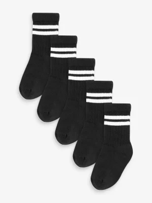 Black Cushioned Footbed Cotton Rich Ribbed Tipped Socks 5 Pack