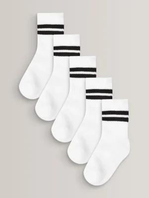 White Cushioned Footbed Cotton Rich Ribbed Tipped Socks 5 Pack