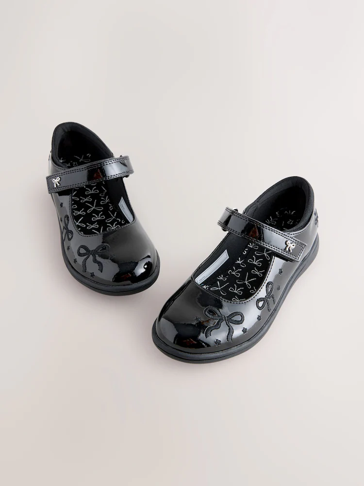 Black Patent Wide Fit (G) Embroidery Bow Mary Jane