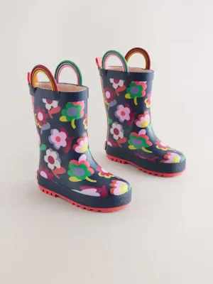Navy Floral Handle Wellies