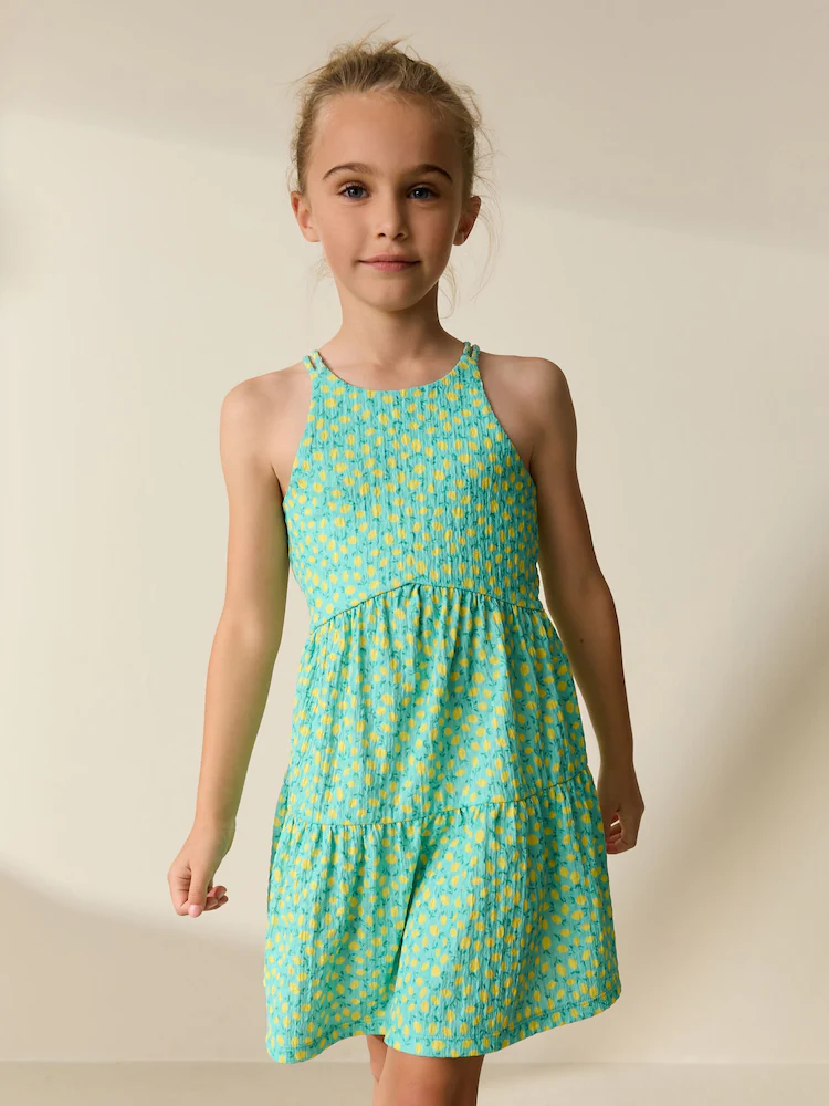 Teal Lemon Print Strappy Crinkle Summer Dress