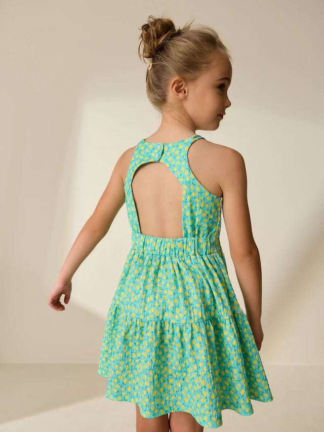 Teal Lemon Print Strappy Crinkle Summer Dress
