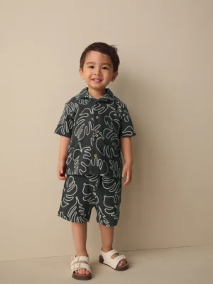 Black Leaf Print Short Sleeve Shirt and Shorts Set