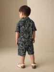 Black Leaf Print Short Sleeve Shirt and Shorts Set