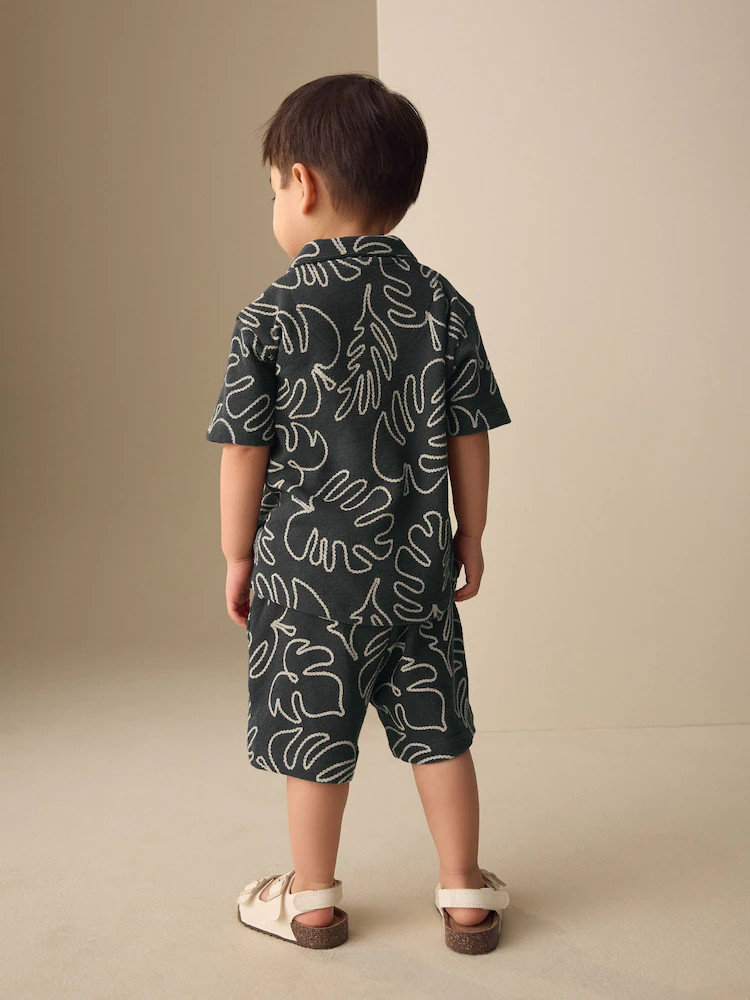 Black Leaf Print Short Sleeve Shirt and Shorts Set