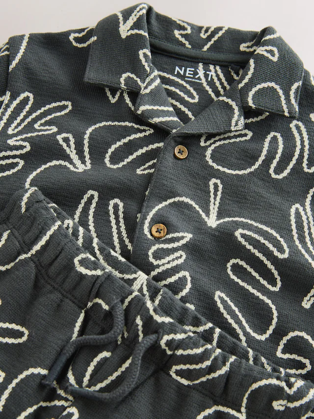 Black Leaf Print Short Sleeve Shirt and Shorts Set