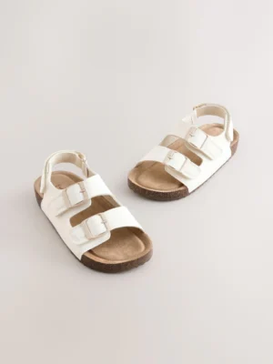 White Standard Fit (F) Double Buckle Cushioned Footbed Sandals
