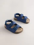 Navy Linen Wide Fit (G) Double Buckle Cushioned Footbed Sandals