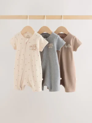 Beige Two Way Zip Baby Rompers 3 Pack