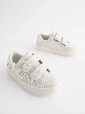 White Glitter Standard Fit (F) Butterfly Touch Fasten Strap Trainers