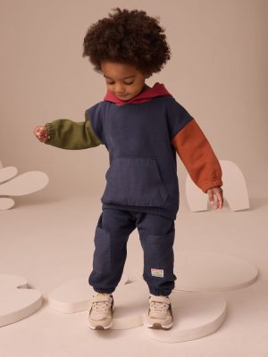 Navy Blue Colour Block Hoodie and Joggers Set