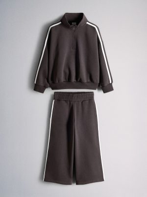 The Set Side Stripe Zip Neck and Wide Leg Joggers Set Chocolate Brown