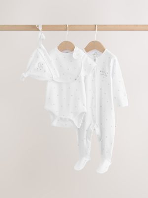 White Baby Sleepsuit, Bodysuit, Hat and Bib Set 4 Piece