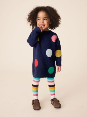 Navy Rainbow Spot Knitted Jumper Dress And Tights Set