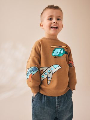 Tan Brown All Over Printed Crew Neck Sweat Top