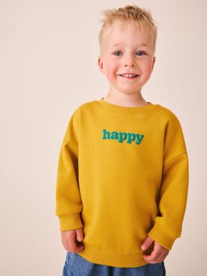 Ochre Yellow Smile Printed Crew Neck Sweat Top
