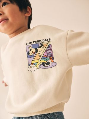 Ecru Back Printed Crew Neck Sweat Top