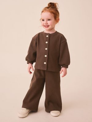 Chocolate Brown Ribbed Raglan Cardigan and Wide Leg Trousers Set