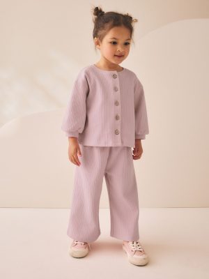Pink Ribbed Raglan Cardigan and Wide Leg Trousers Set